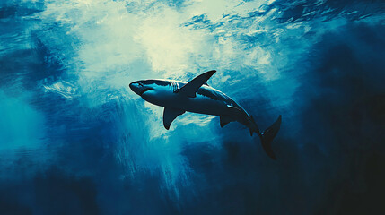 Underwater Predator: A solitary great white shark glides gracefully through the depths of the ocean, a beacon of power and stealth in a world of blue.