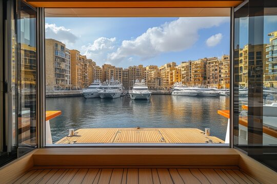 Stunning view from ferry boat showcasing Maltas vibrant embankment and luxury yachts, Beautiful view from ferry boat on Malta embankment with building architecture and yachts