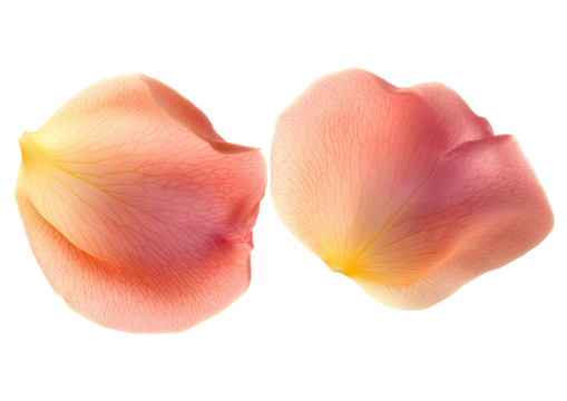 Two soft pink and peach rose petals floating gently Isolated on a transparent background