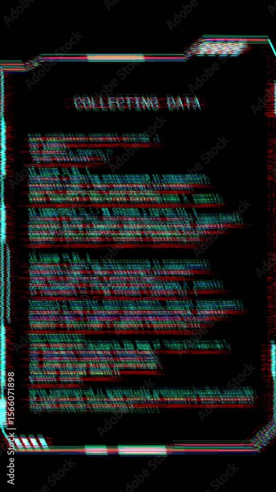 Poster animation of glitching interface with collecting data text, processing on black background