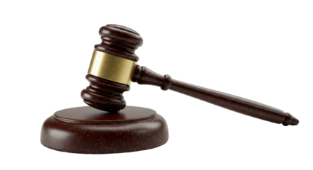 Classic Dark Wooden Gavel and Sound Block with Gold Band isolated on Transparent Background