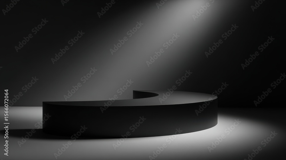 Poster minimalist curved black display platform illuminated by soft light in a dark studio setting