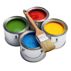 Four paint cans, red, green, blue, yellow, with paint brush