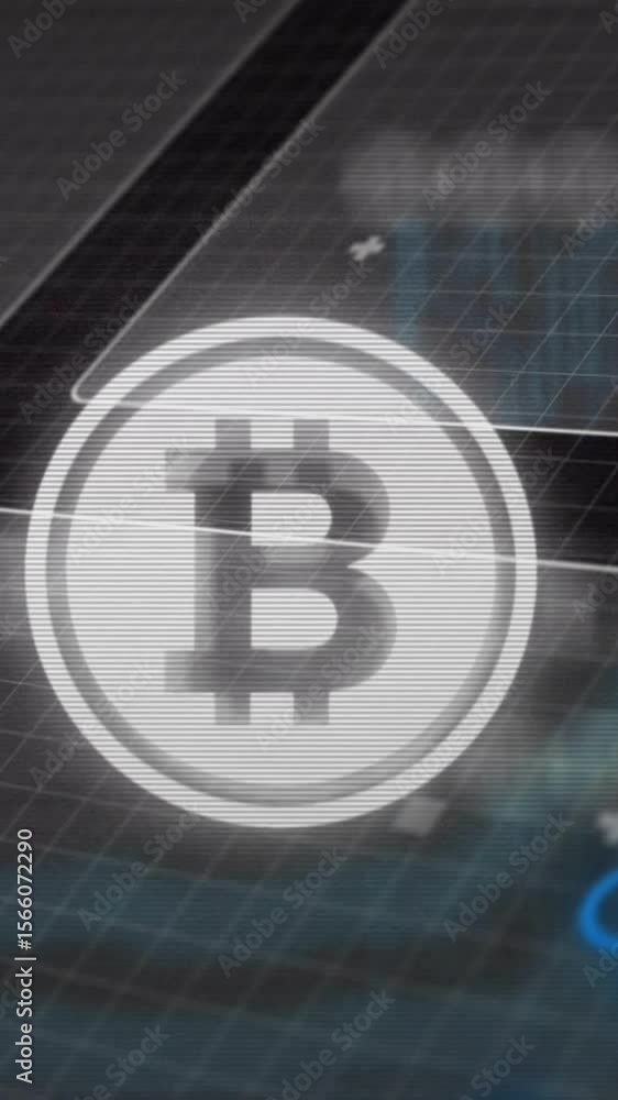 Poster bitcoin symbol and digital circuit board animation over financial data