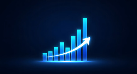 Glowing Blue Bar Graph Showing Exponential Growth and Success