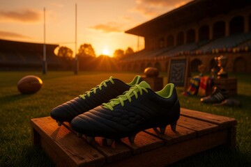Rugby boots shining at sunset on a field with trophies and rugby ball