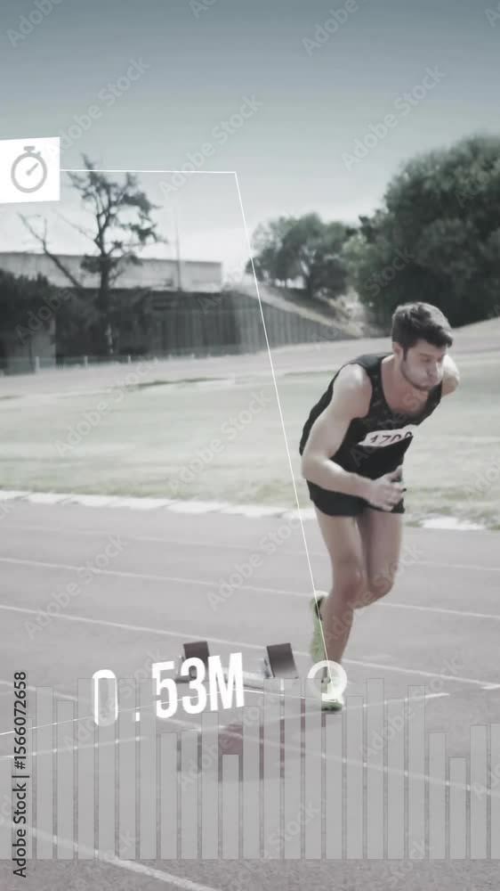 Poster runner on track with performance metrics and data analysis animation