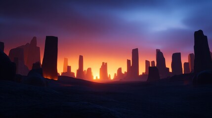 Majestic sunset over ancient stone formations silhouetted against a vibrant sky