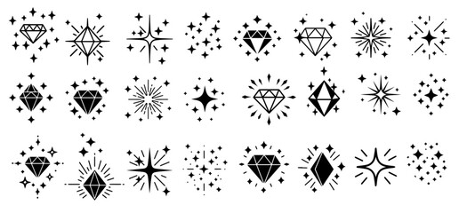 Sparkling vector design features an assortment of diamond and star icons in minimalist black and white for elegant designs, silhouette
