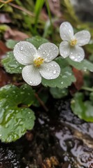 Fresh green plant with dew drops in mountain mist macro view