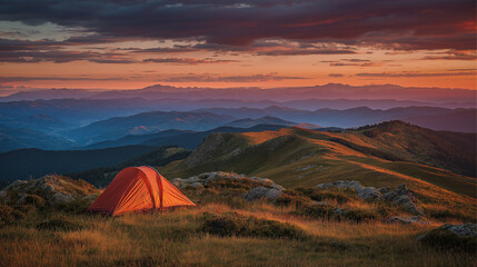 Glowing orange tent under dramatic red sunset sky in summer mountains, ideal for travel ads, camping gear promotions, outdoor blogs, and adventure-themed visuals. Generative AI.