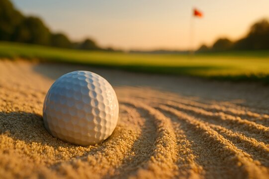 Golf ball resting in a bunker at sunset with flag in background