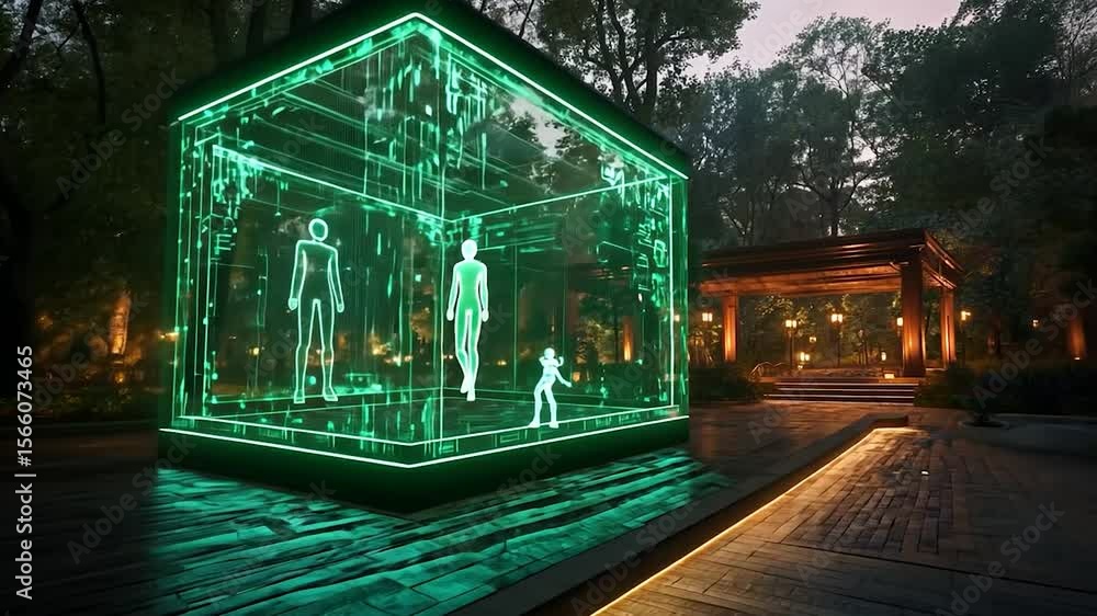 Poster green light box with glowing abstract figures in a park at twilight art installation illuminating da