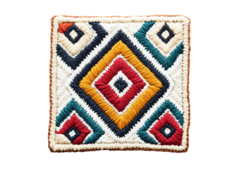 Square fabric patch with red and blue geometric embroidery Isolated on a transparent background