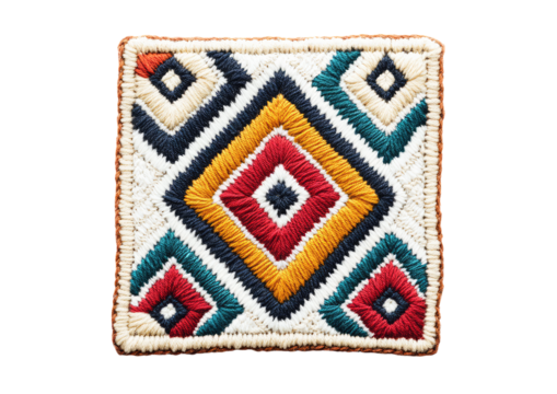 Square fabric patch with red and blue geometric embroidery Isolated on a transparent background - Powered by Adobe