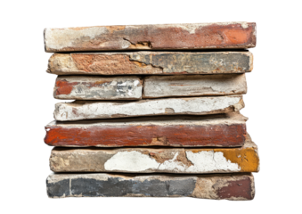 Stack of aged bricks with cement residue and visible wear Isolated on a transparent background