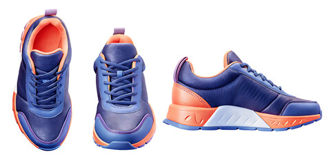 Purple orange blue trainers isolated on a transparent background sneakers athletic shoes