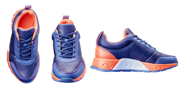 Purple orange blue trainers isolated on a transparent background sneakers athletic shoes