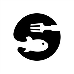 Food logo design that combines the letter s with a fish and fork.