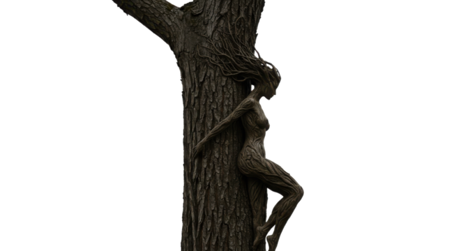 Isolated dark sculpture of a mystical female figure fused with a tree trunk isolated on Transparent Background