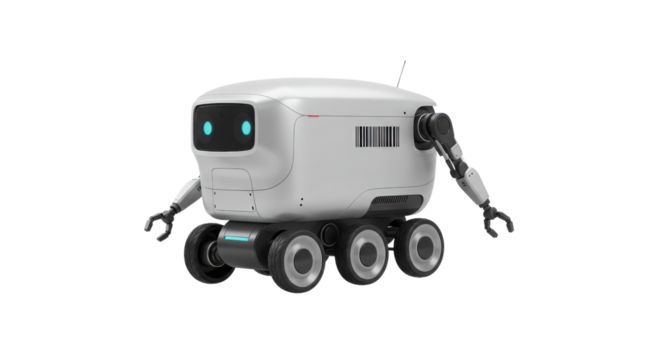 White delivery robot with mechanical arms isolated PNG with Transparent Background