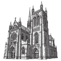 Ornate Gothic Cathedral Vector Engraving Illustration