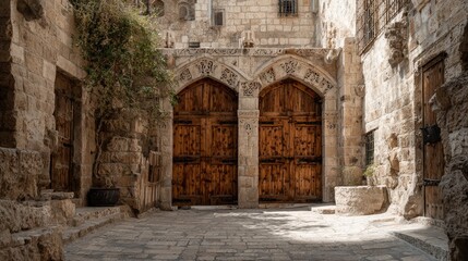 Ancient Stone Building Entrance with Wooden Doors