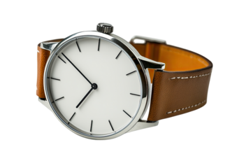 Analog wristwatch with tan leather strap and empty dial face Isolated on a transparent background