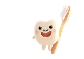 Tooth brushing cartoon character with smiling face and toothbrush Isolated on a transparent background