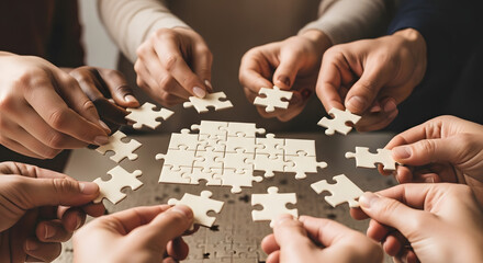 Teamwork Collaboration Hands Assembling Jigsaw Puzzle