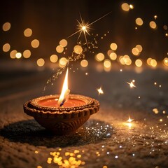 Close-Up of Flickering Diya with Golden Sparkles