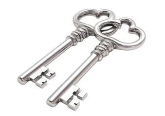 Metallic house keys in pair with loop handles Isolated on a transparent background