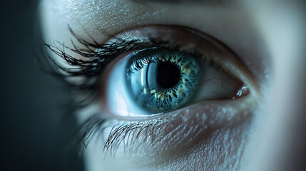 Close-up Blue Eye: Intriguing close-up shot of a mesmerizing blue eye, filled with depth and subtle flecks of color, framed by long dark lashes.