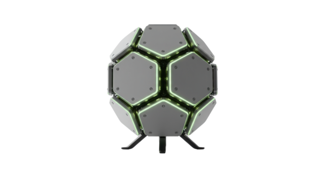 Futuristic Geometric Spherical Device 3D Render with Green Glowing LED Lights isolated on Transparent Background - Powered by Adobe