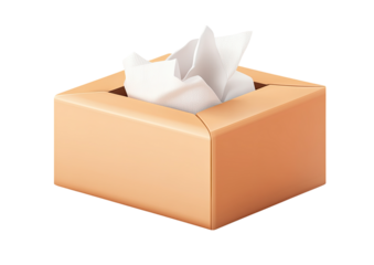 Beige tissue box with a single tissue emerging from the top isolated on transparent background