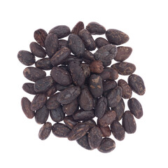Cacao beans isolated on white background. Cocoa beans roasted used to make chocolate. Superfood. 