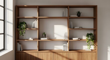 Empty Bookshelf with Natural Lighting – Knowledge and Growth Concept with Blank Copy Space