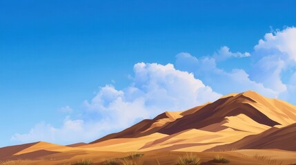 Naklejka premium Serene desert landscape with golden dunes and distant mountains under a bright blue sky