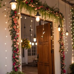 Decorated Doorway with Hanging Lights and Floral Garlands