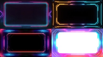Four glowing, colorful, futuristic frames with different designs