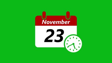 23 november month calendar with time symbol. Simple calendar icon animation and date change of time month.