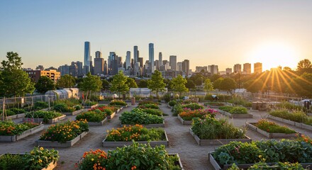 Wide-angle shot of a lush community garden set against a backdrop of high-rise buildings in city.