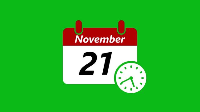 21 november month calendar with time symbol. Simple calendar icon animation and date change of time month.