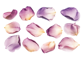 Set of soft pink rose petals in various angles and curls isolated on transparent background