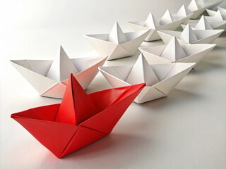 A red origami paper boat leads a group of identical white boats arranged in formation. 