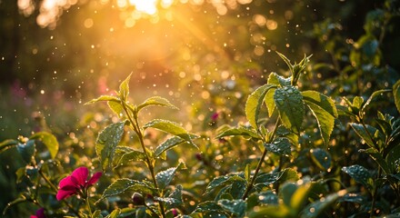 Soft morning sunlight hitting dew-covered leaves and creating a serene mood in the garden.