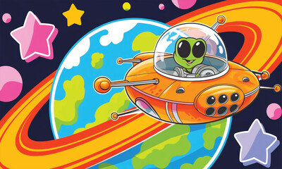 Whimsical Cartoon Alien Spaceship Wallpaper Flying Over Colorful Planet with Rings and Stars