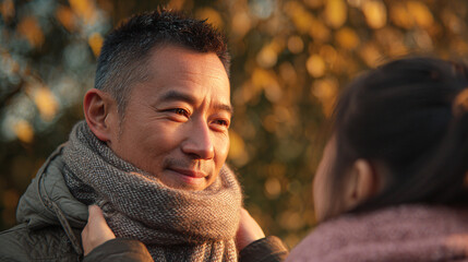 East Asian father gently adjusting his East Asian daughter's scarf in a park during golden hour