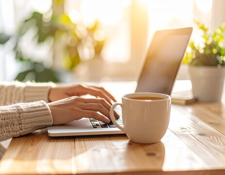 Woman's hands typing on laptop, coffee mug nearby, sunlit workspace.