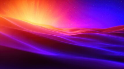 Vibrant sunrise over rolling waves of colorful sand dunes under a starry sky